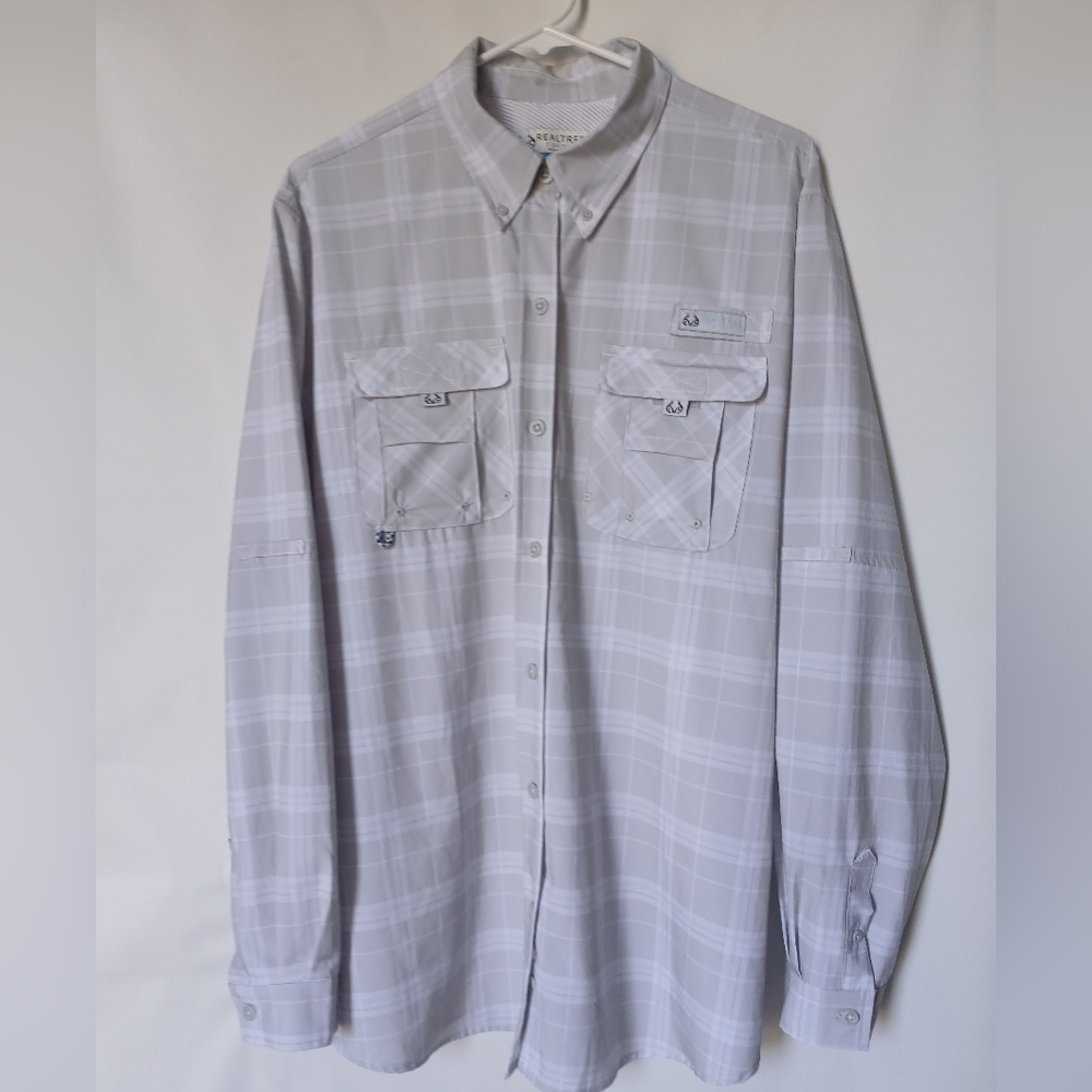 RealTree Mens Technical Fishing Shirt XL Light Gray Plaid